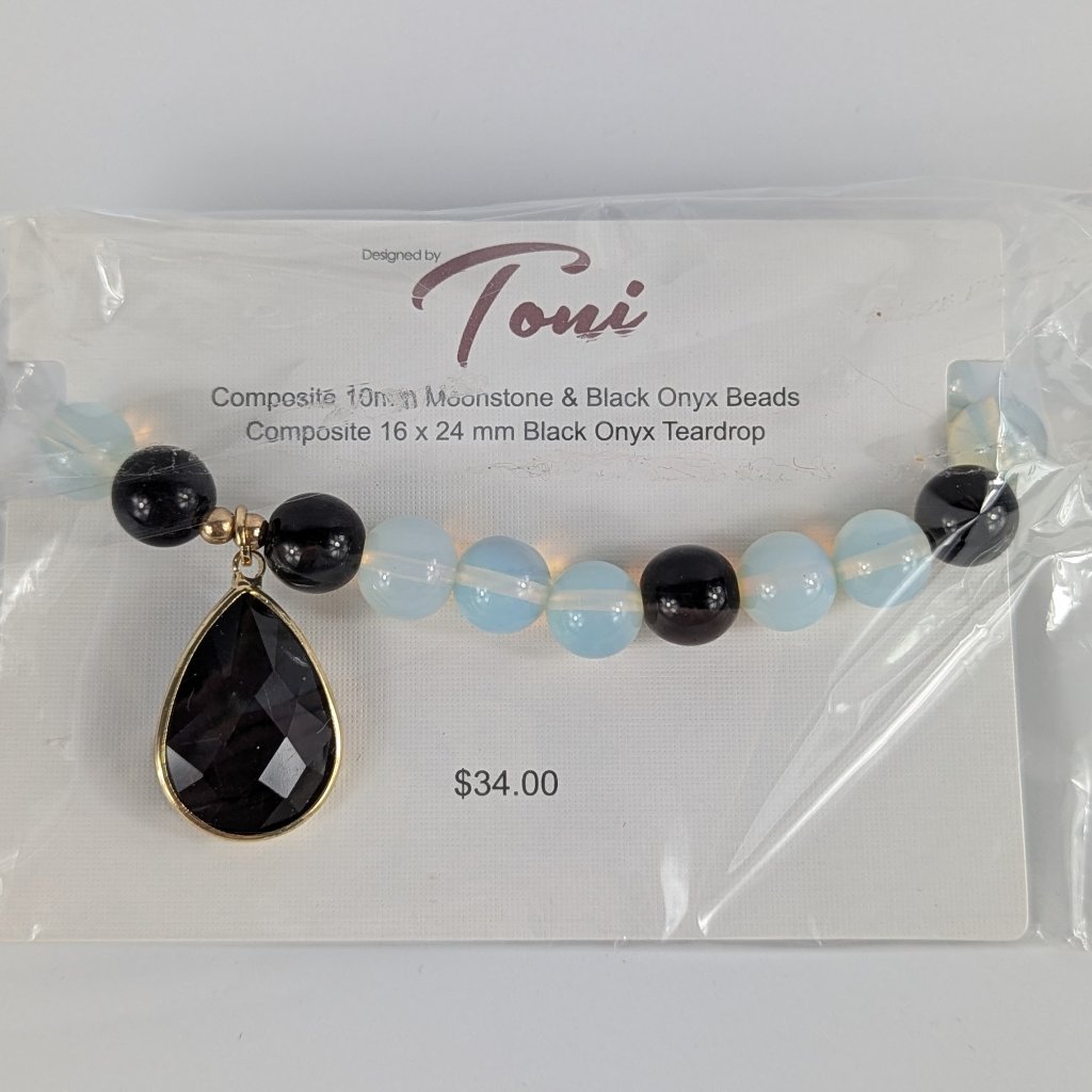 Vintage Toni Moonstone & Black Onyx Stretch Bracelet New On Original Card